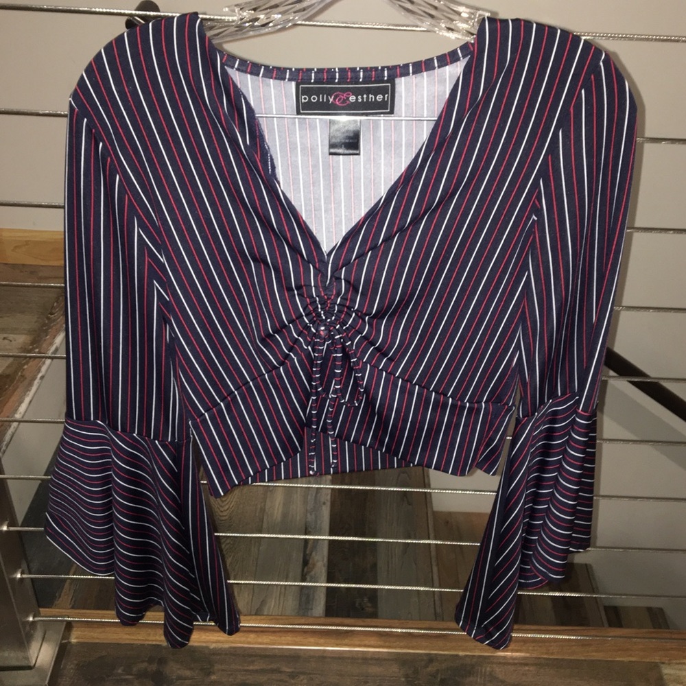 •Navy Blue Bell Sleeve Top•